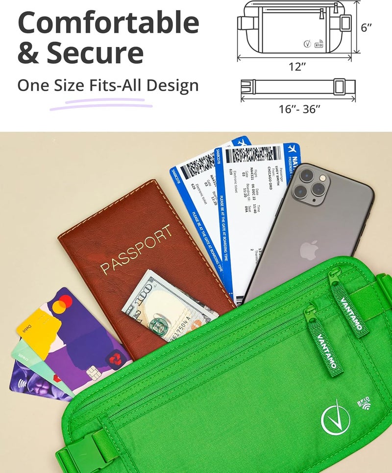 Vantamo حزام نقود مع RFID للرجال والنساء، حامل جواز سفر مخفي للسفر، حقيبة خصر سفر بجيبين للنساء مضادة للسرقة - Image 4